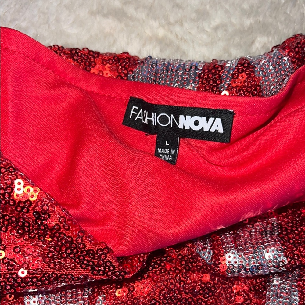 Fashion Nova Red and Silver Asymmetrical Ruched Dress - Picture 7 of 9